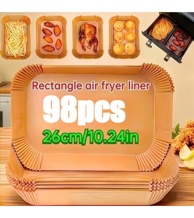 98 قطعة من ورق القلي الهوائي المستطيل مقاس 10 بوصات، ورق خبز يمكن التخلص منه، سهل الاستخدام، إكسسوار مطبخ متعدد الاستخدامات. - Image 1
