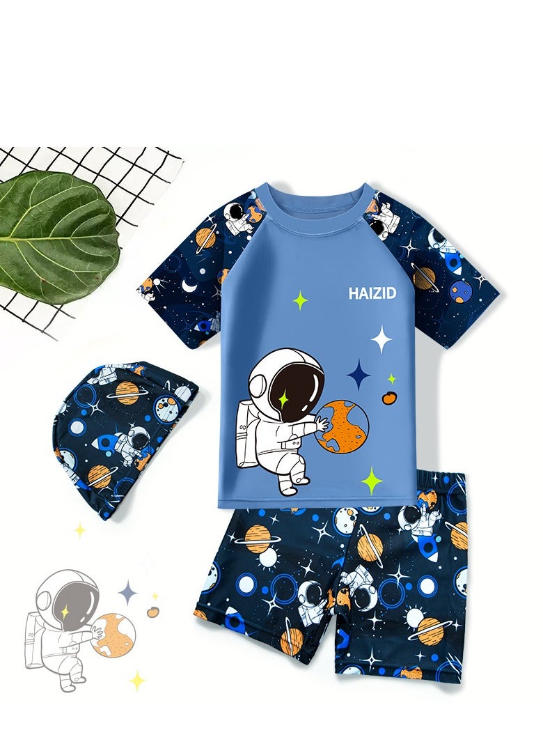 Generic - Astronaut Print Kids Swimwear Set (3-Piece) with Swim Cap – Comfortable & UV-Protective - Image 1