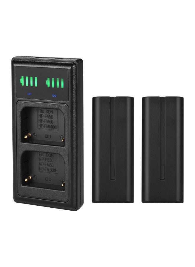 شاحن ذكي USB وبطارية NP-F550، يتضمن شاحن بطارية كاميرا ثنائي القنوات + بطاريتين قابلتين لإعادة الشحن NP-F550 بقوة 7.4 فولت وسعة 2200 مللي أمبير، منفذ USB، وشاشة عرض LED بديلة لبطاريات سوني NP-F550 وNP-FM50 وNP-FM500H - Image 1