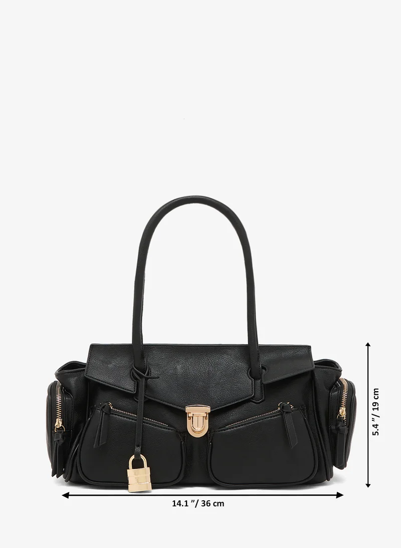 Glamorous BLACK LEATHER LOOK Casual Multi-Pocket Shoulder Bag for Women | Best Price UAE