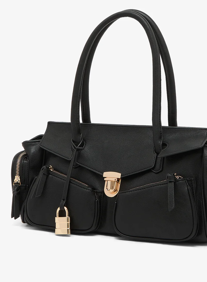 Glamorous BLACK LEATHER LOOK Casual Multi-Pocket Shoulder Bag for Women | Best Price UAE
