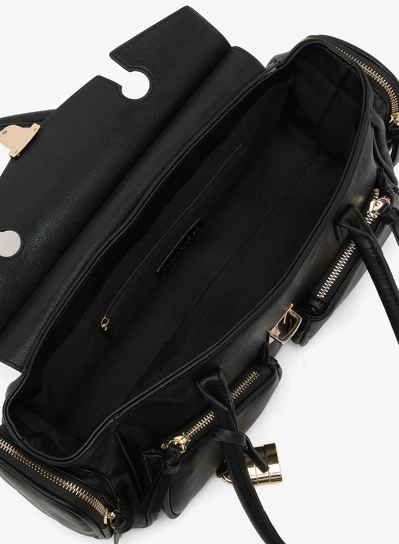 Glamorous BLACK LEATHER LOOK Casual Multi-Pocket Shoulder Bag for Women | Best Price UAE