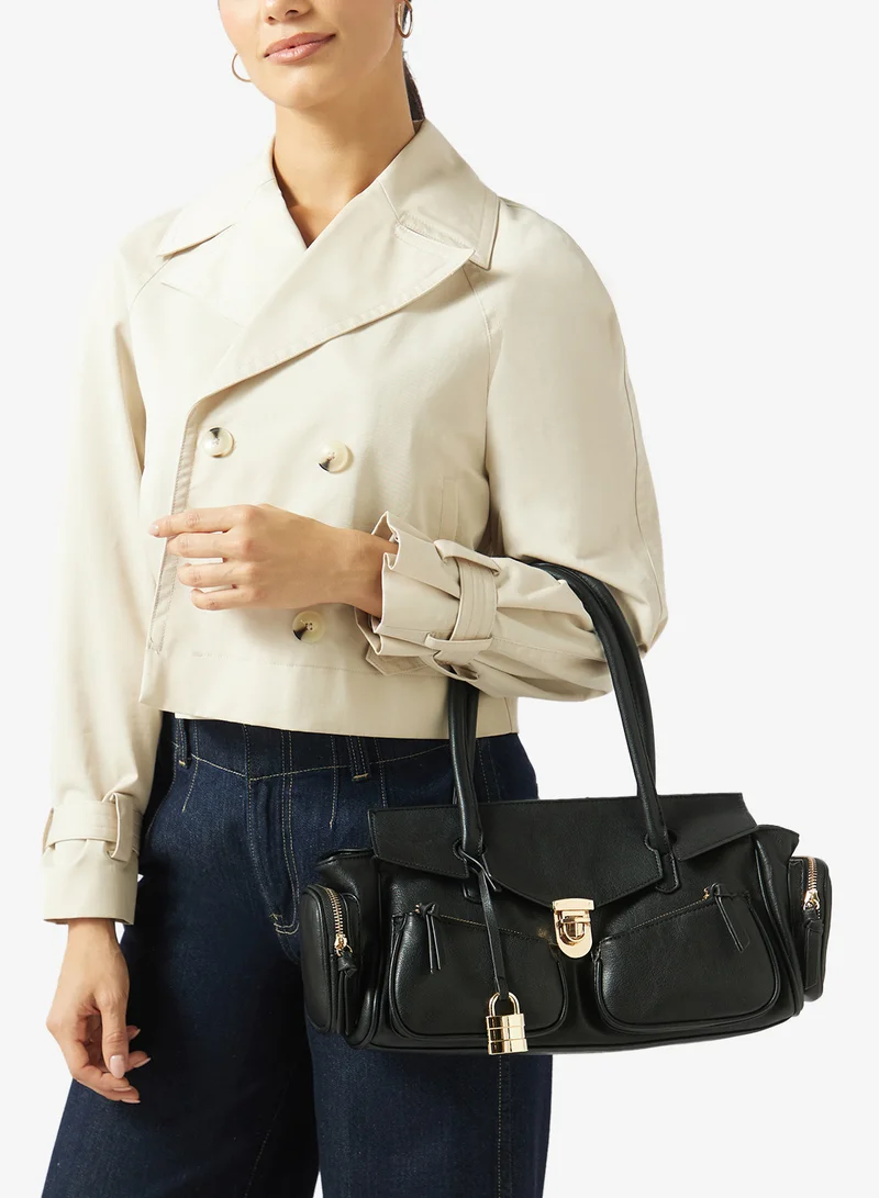 Glamorous BLACK LEATHER LOOK Casual Multi-Pocket Shoulder Bag for Women | Best Price UAE