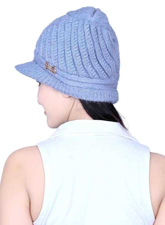 Dressify NVL Womens Winter Beanie Hat Warm Knitted Slouchy Wool Hats with Visor Sky Blue Color - Image 3