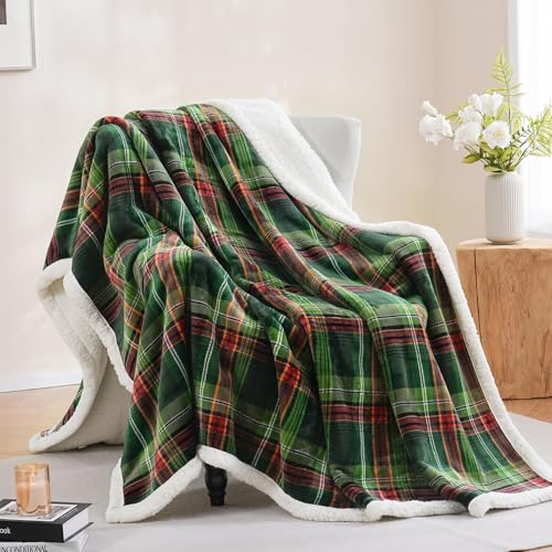 PU MEI Sherpa Fleece Throw Blanket 60" x 80" Reversible Plush Fluffy Large Big Blanket Lattice Flannel Blankets for All Season Use, Chrismas Green - Image 1