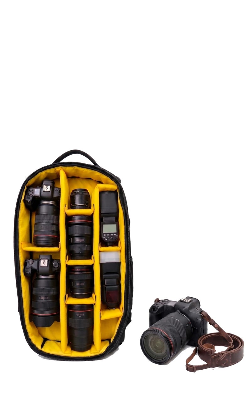 Spacious camera bag with multiple compartments – fits up to 6 lenses + camera – high protection – side pockets and front zipper – for cameras and all accessories (black color)