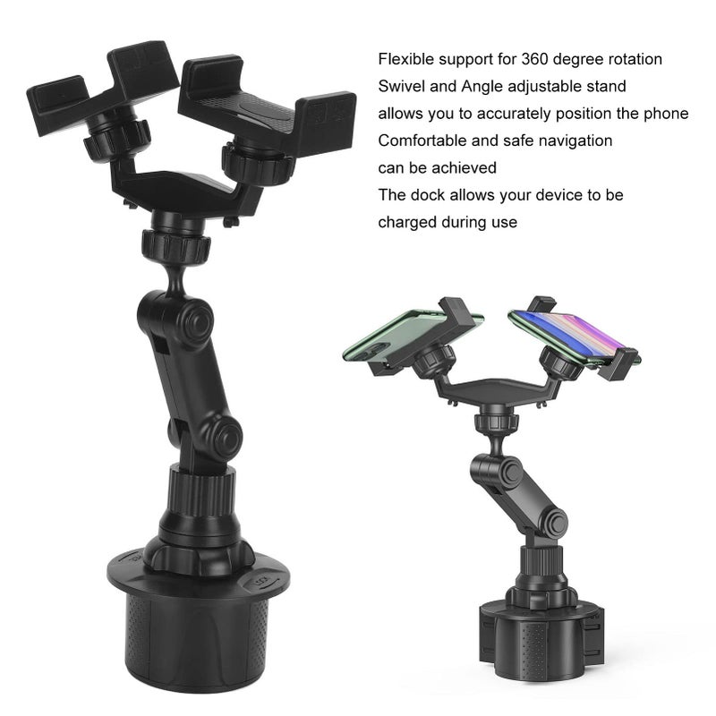 Dual Cup Holder Phone Mount Adjustable Base Fits 2 Phones 360 Rotation Stable Grip - Image 5