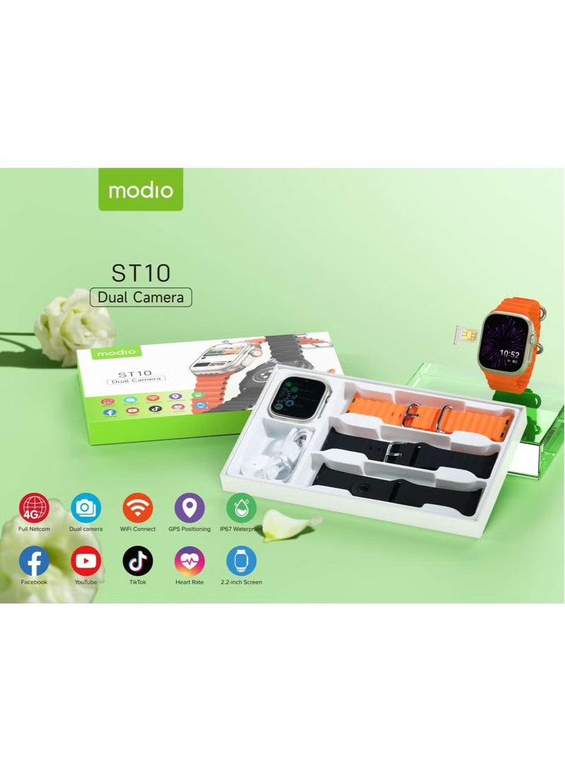 modio ST10 Smartwatch with 2.2 Inch Display, Dual Camera, SIM Card Slot, 3 Pairs of Straps, Stylish Design for Ladies & Gents, Silver, Multifunctional Touchscreen Smart Watch - Image 3