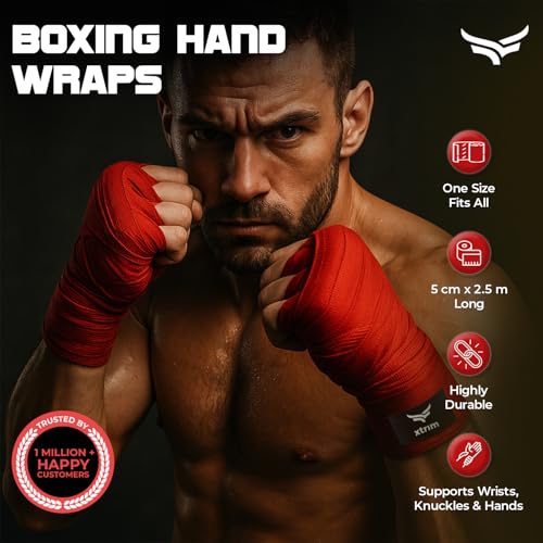 Xtrim Boxing Hand Wraps for Men & Women, Set of 2, 5cm x 2.5m, Polyester Cotton Blend, Wrist Support for MMA, Boxing, Muay Thai, Kickboxing, Velcro Closure, Training Accessories (Red) - Image 2