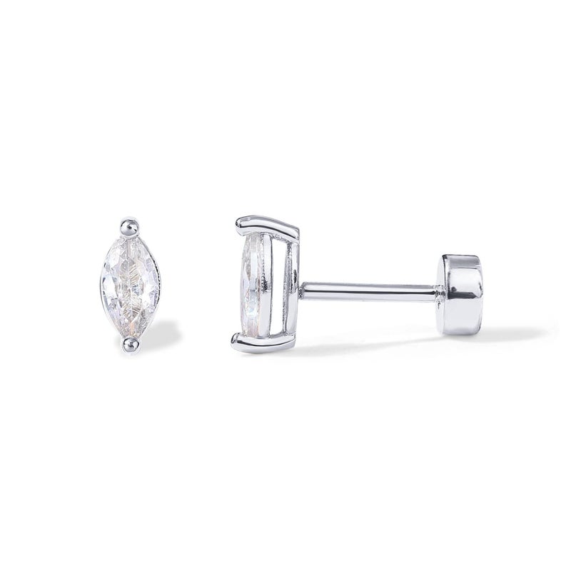 PAVOI Rhodium Plated Solid 925 Sterling Silver Post Cubic Zirconia Flat Back Earrings for Women | Marquise Cartilage Earring | Helix Piercing Jewelry | Small Stud Earrings - Image 1