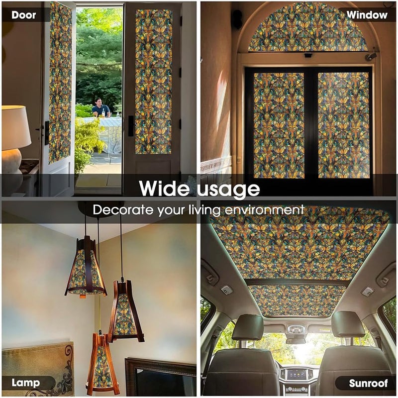 REDAMANCY Vintage Yellow Orange Damask Geometric Mosaic Stained Glass Window Films Decorative Double-Side Privacy Film Self-Adhesive Static Glass Window Clings for Living Room Bathroom Decor - Image 5