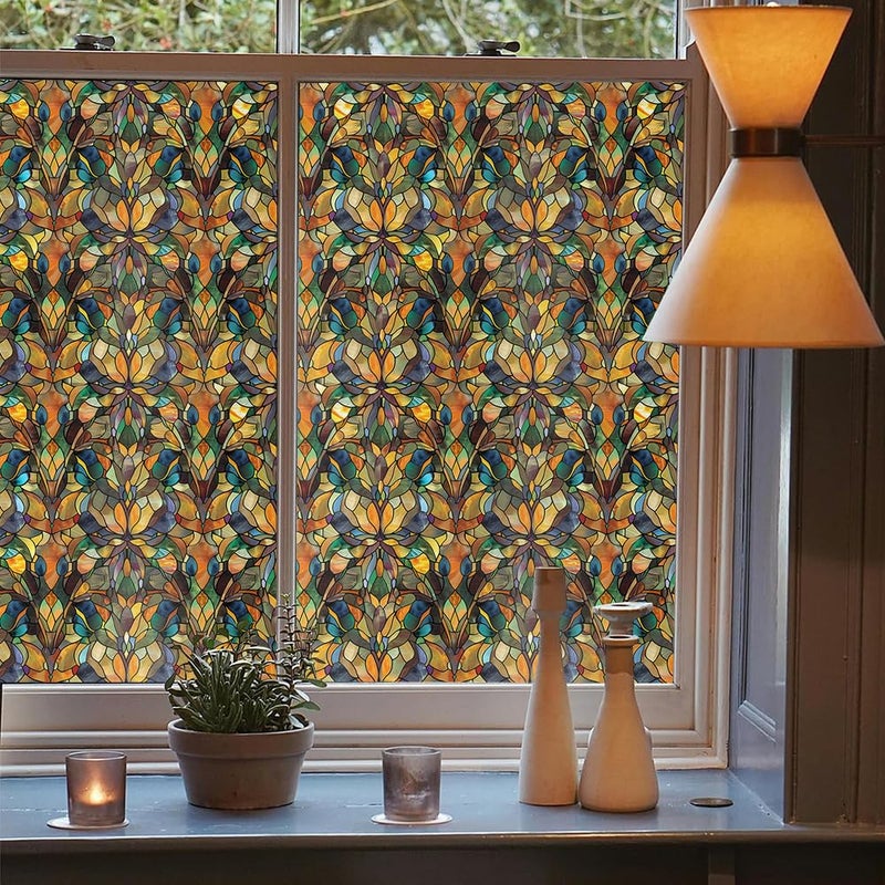 REDAMANCY Vintage Yellow Orange Damask Geometric Mosaic Stained Glass Window Films Decorative Double-Side Privacy Film Self-Adhesive Static Glass Window Clings for Living Room Bathroom Decor - Image 3