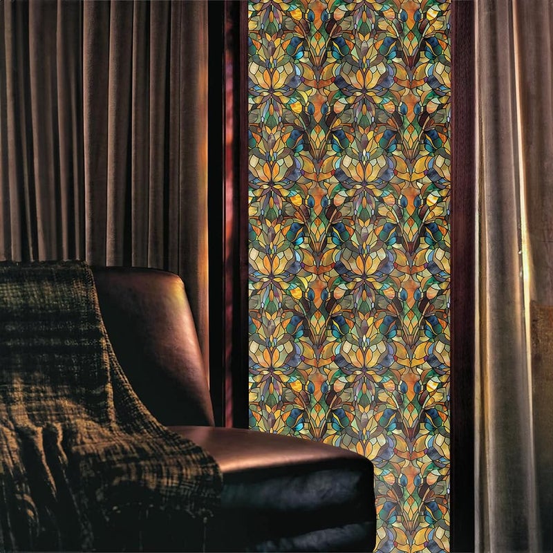 REDAMANCY Vintage Yellow Orange Damask Geometric Mosaic Stained Glass Window Films Decorative Double-Side Privacy Film Self-Adhesive Static Glass Window Clings for Living Room Bathroom Decor - Image 2