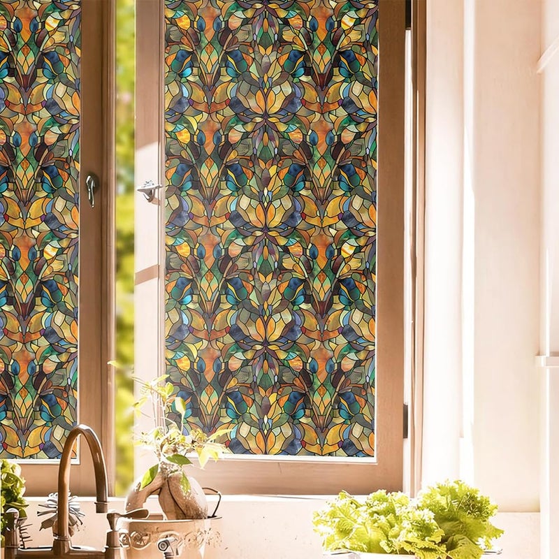 REDAMANCY Vintage Yellow Orange Damask Geometric Mosaic Stained Glass Window Films Decorative Double-Side Privacy Film Self-Adhesive Static Glass Window Clings for Living Room Bathroom Decor - Image 1