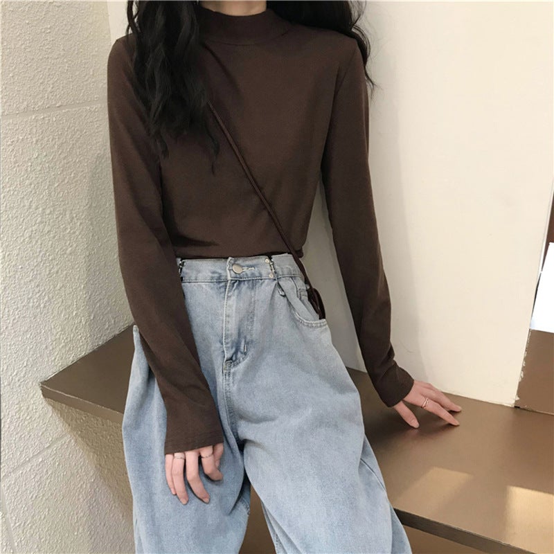 Velvet Mock Collar Base Shirt Women's Inner Wear Autumn and Winter Inner Wear New Long Sleeve T-Shirt Slim Warm Top Wear - Image 5