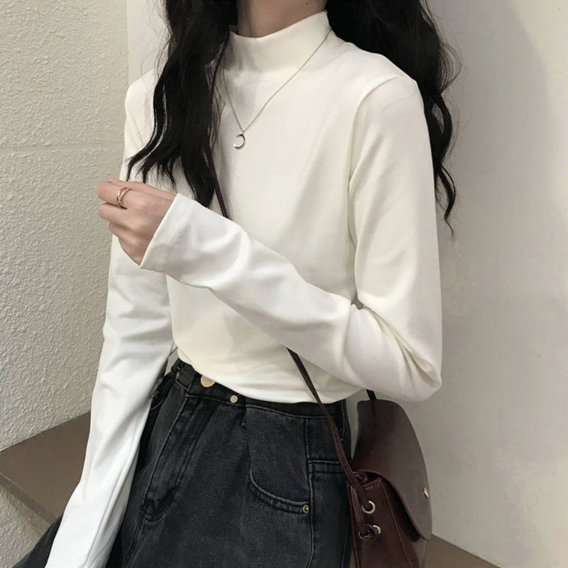 Velvet Mock Collar Base Shirt Women's Inner Wear Autumn and Winter Inner Wear New Long Sleeve T-Shirt Slim Warm Top Wear - Image 1