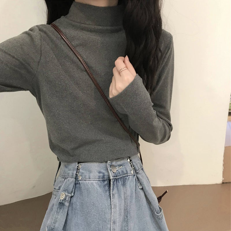 Velvet Mock Collar Base Shirt Women's Inner Wear Autumn and Winter Inner Wear New Long Sleeve T-Shirt Slim Warm Top Wear - Image 4