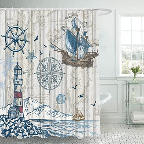 CYREKUD 72" x 72" Nautical Sailboat Map Shower Curtain Rustic Lighthouse Compass Scene Bathroom Set Boys Girls Pirate Ship Home Bath Bathtub Decor Durable Fabric Machine Washable with 12 Hooks - Image 2