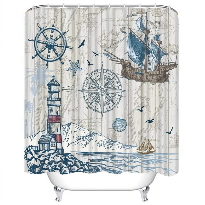 CYREKUD 72" x 72" Nautical Sailboat Map Shower Curtain Rustic Lighthouse Compass Scene Bathroom Set Boys Girls Pirate Ship Home Bath Bathtub Decor Durable Fabric Machine Washable with 12 Hooks - Image 4