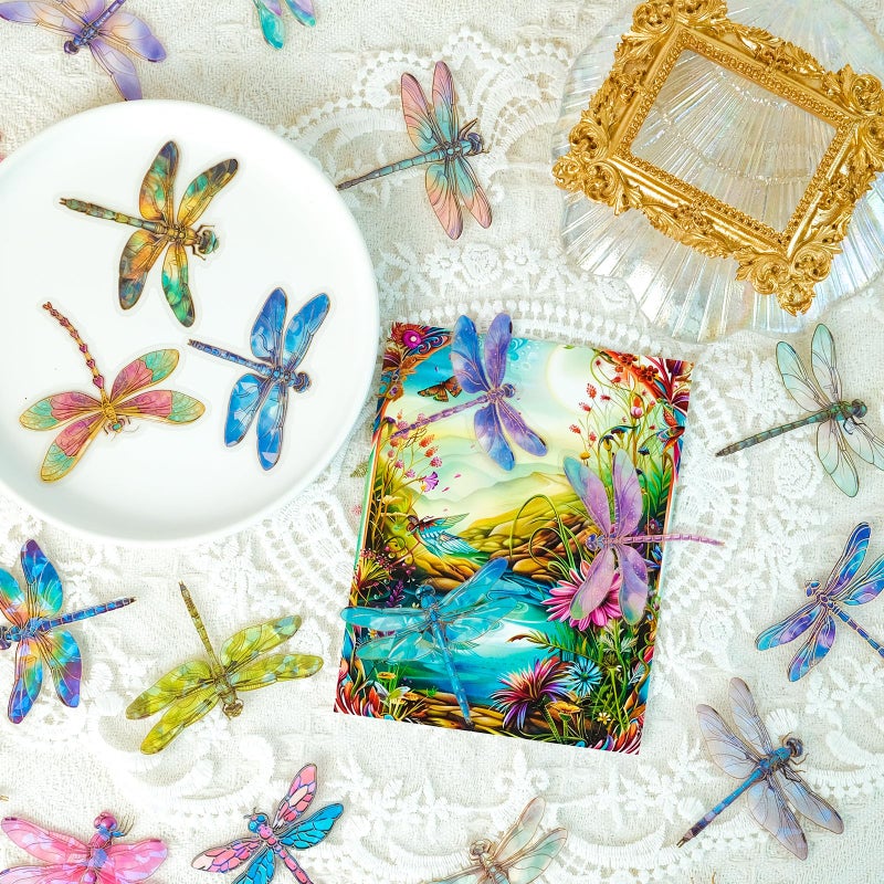 YOKSAS 30PCS Holographic Dragonfly Stickers â€“ Gold Foil Insect Clear Scrapbook Decals for Journaling, Resin Crafts, Planners, Water Bottles, Laptops, Card Making - Image 2