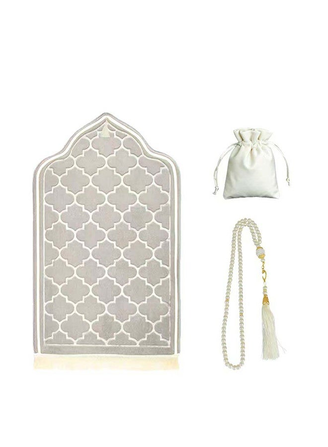 طقم سجادة صلاة فاخر - مصلية مبطنة بإسفنج ناعم من الصوف المرجاني مع مسبحة وكيس للمسبحة - سجادة مانعة للانزلاق بتصميم محفر للمنزل وهدايا رمضان (65×110 سم) - Image 1