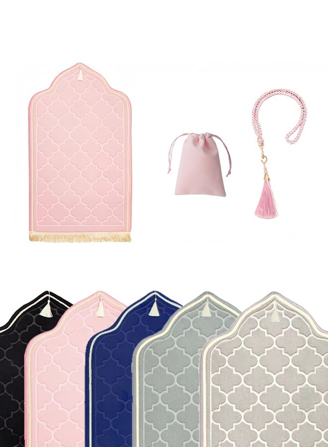 طقم سجادة صلاة فاخر - مصلية مبطنة بإسفنج ناعم من الصوف المرجاني مع مسبحة وكيس للمسبحة - سجادة مانعة للانزلاق بتصميم محفر للمنزل وهدايا رمضان (65×110 سم) - Image 2