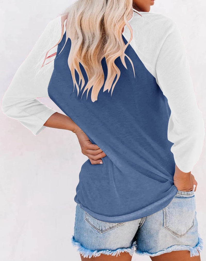 Bingerlily Women's Casual T-Shirts 3/4 Sleeve Color Block Cute Tops Comfy Blouses Navy - Image 3