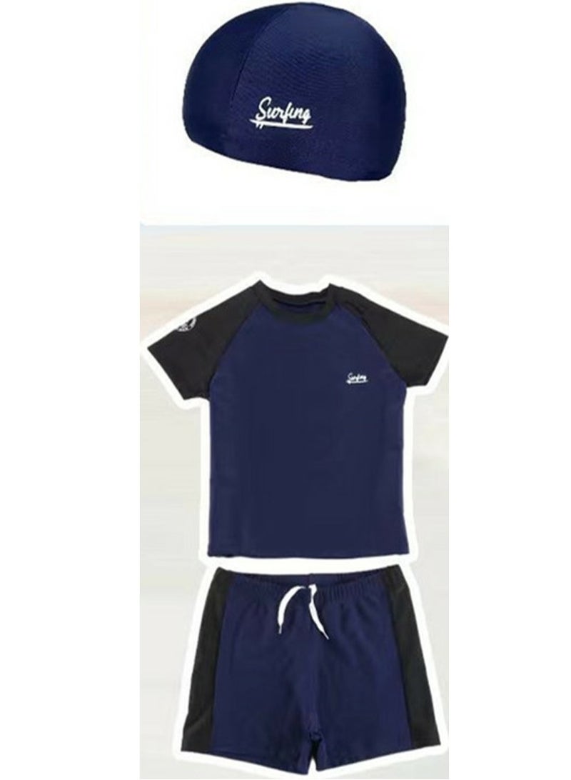 Loquat Boys Split Swimsuits Set Short Sleeve Swim Shirts With Trunks And Swim Cap Quick Dry Swim Set - Image 1