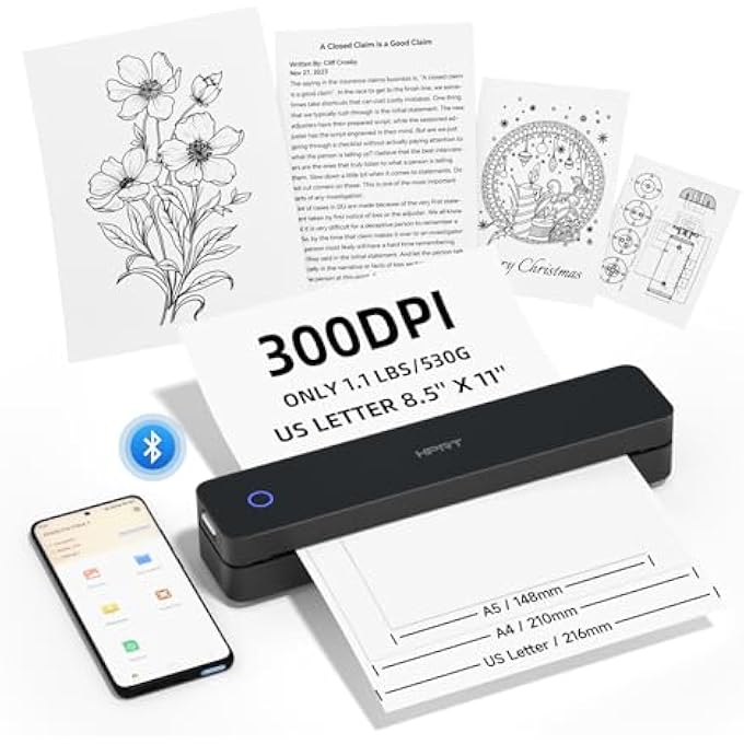 WIRELESS PORTABLE THERMAL PRINTER BLUETOOTH COMPATIBLE WITH IOS, ANDROID AND LAPTOP, 8.5" X 11" US LETTERS FOR OFFICE AND HOME - Image 1