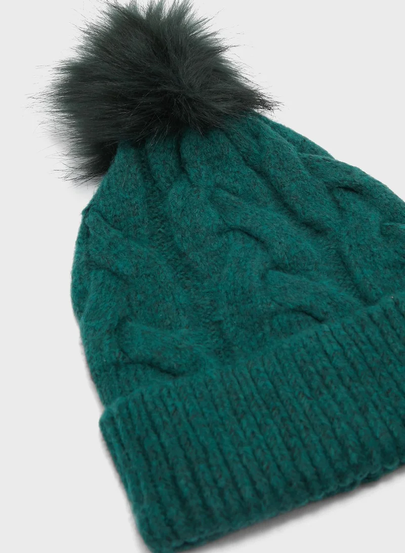 Marks & Spencer Knitted Cable Faux Fur Pom Hat