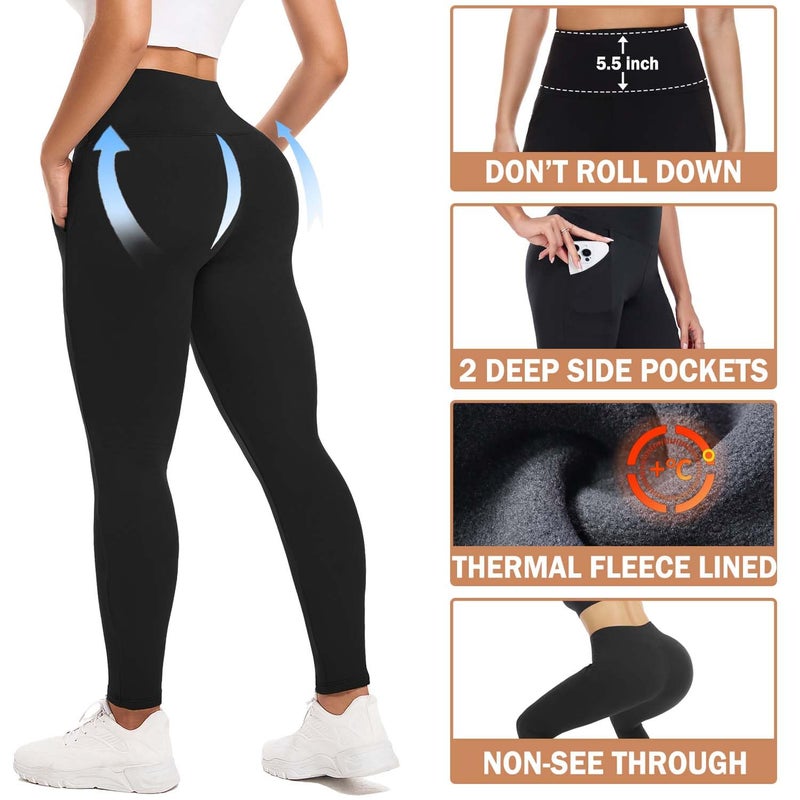 NEW YOUNG 3 Pack Fleece Lined Leggings Women with Pockets,Warm Winter Yoga Pants for Women Thick Soft Thermal Velvet Pants for Cold Winter High Waisted Casual Lounge Workout Womens Yoga Full Length Pants - Image 5