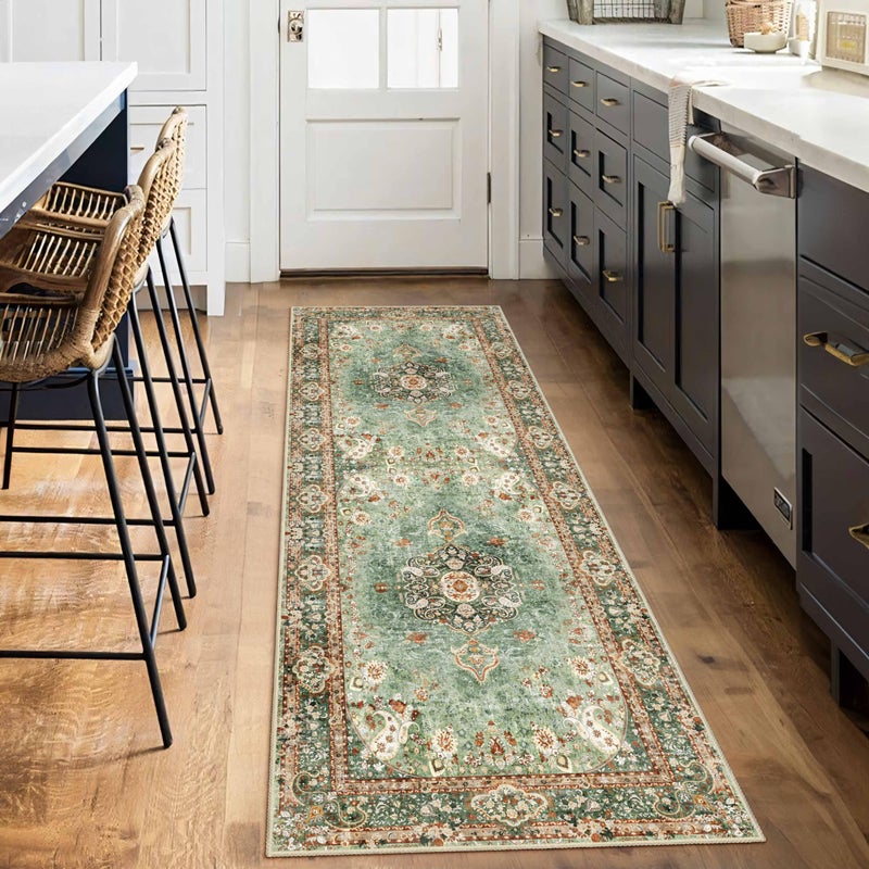 Castage Washable Runner Rug 2x6 Green Rug Runners Non Slip Long Boho Rugs for Hallways Kitchen Bedroom Entryway Living Room Bathroom Vintage Bohemian Distressed Oriental Floor Carpet - Image 1