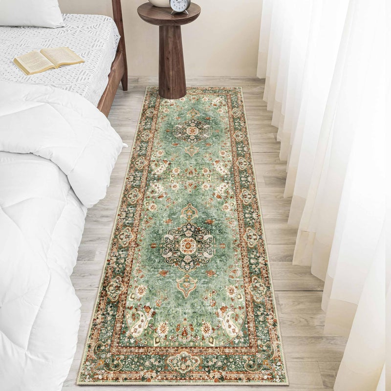 Castage Washable Runner Rug 2x6 Green Rug Runners Non Slip Long Boho Rugs for Hallways Kitchen Bedroom Entryway Living Room Bathroom Vintage Bohemian Distressed Oriental Floor Carpet - Image 3