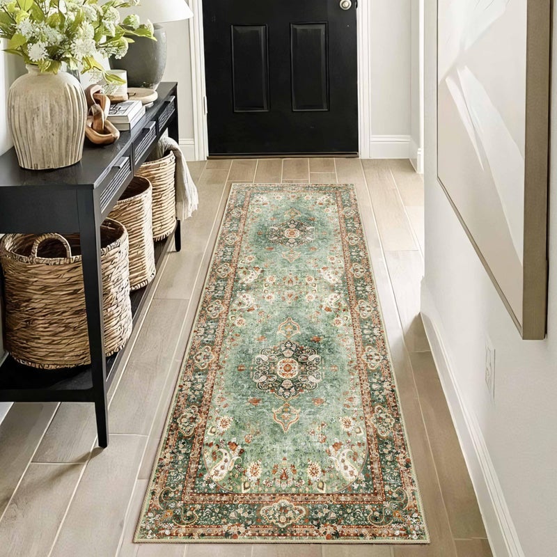 Castage Washable Runner Rug 2x6 Green Rug Runners Non Slip Long Boho Rugs for Hallways Kitchen Bedroom Entryway Living Room Bathroom Vintage Bohemian Distressed Oriental Floor Carpet - Image 2