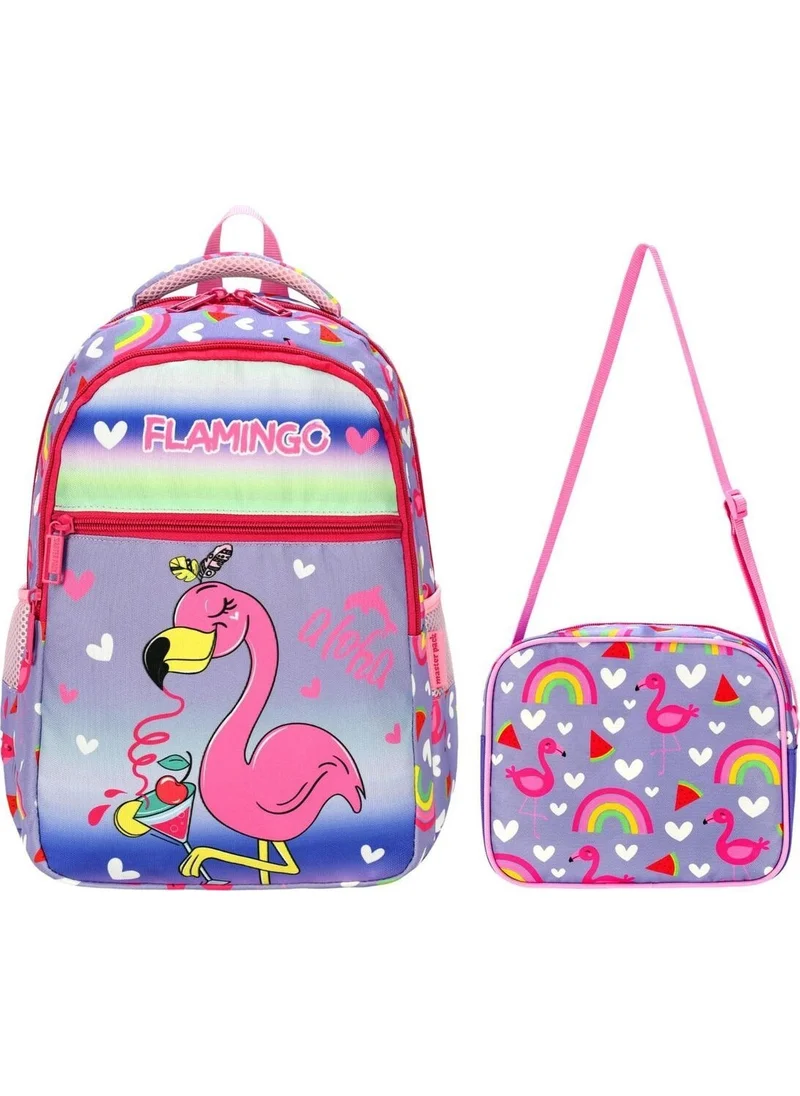 Tezzgelsin Girls Flamingo Colorful Printed 3 Compartment and Lunch Box Primary School Backpack and School Bag