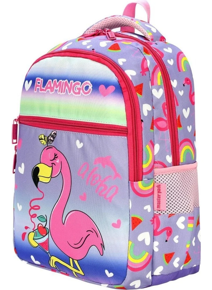 Tezzgelsin Girls Flamingo Colorful Printed 3 Compartment and Lunch Box Primary School Backpack and School Bag