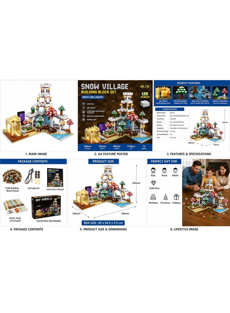 Minecraft Snow Village Building Blocks with LED Lights | 2148 Pieces Creative Construction Set | DIY Building Brick Toy | Compatible with Major Brick Brands(Length: 384 mm (38.4 cm) Width: 256 mm (25.6 cm) Height: 264 mm (26.4 cm)) - Image 1
