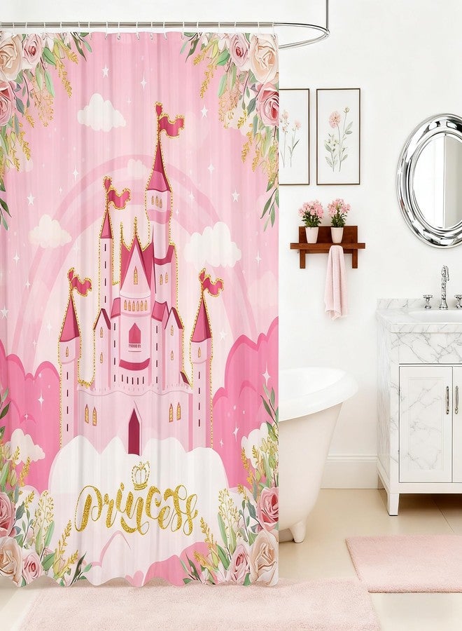 Man Fei Manfei Princess Theme Shower Curtains,Pink Castle Dreamy Bath Curtain,Flowers Garden Fairy Tale Cloth Fabric Bathroom Decor Set with Hooks,72" Long,Gift for Kids Girls - Image 1