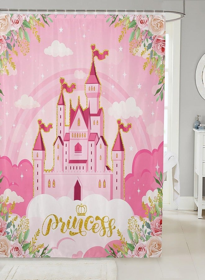 Man Fei Manfei Princess Theme Shower Curtains,Pink Castle Dreamy Bath Curtain,Flowers Garden Fairy Tale Cloth Fabric Bathroom Decor Set with Hooks,72" Long,Gift for Kids Girls - Image 2