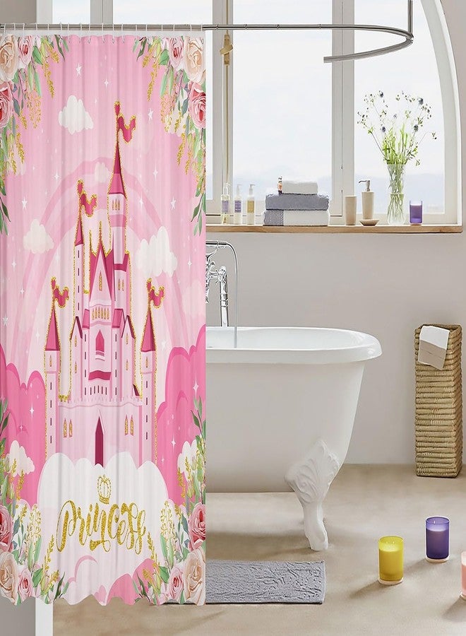 Man Fei Manfei Princess Theme Shower Curtains,Pink Castle Dreamy Bath Curtain,Flowers Garden Fairy Tale Cloth Fabric Bathroom Decor Set with Hooks,72" Long,Gift for Kids Girls - Image 3