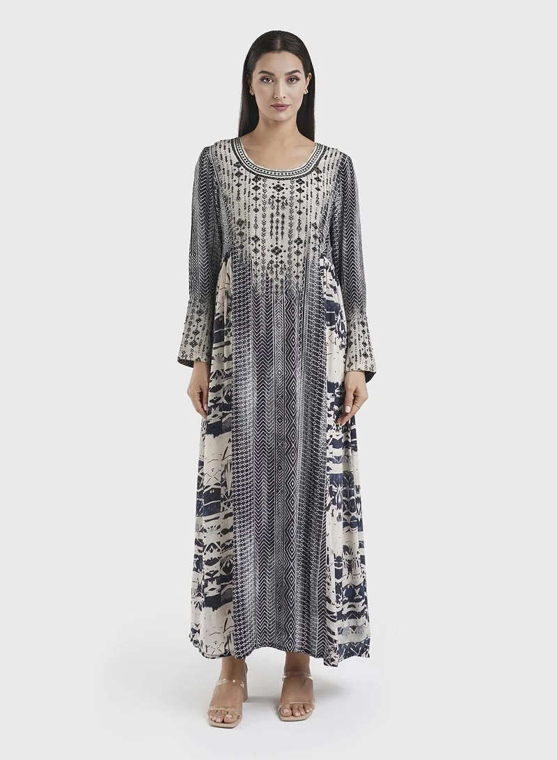 KASHKHA Black Geometric Print Viscose Jalabiya with Beadwork (VDE383)