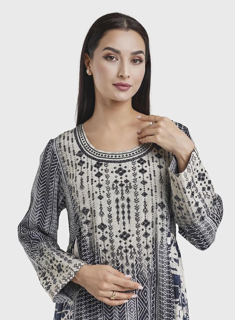 KASHKHA Black Geometric Print Viscose Jalabiya with Beadwork (VDE383)