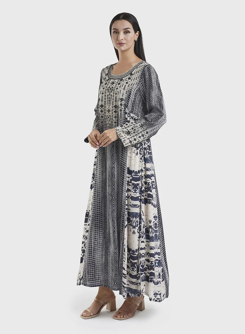 KASHKHA  Black Geometric Print Viscose Jalabiya with Beadwork (VDE383) for Women | Best Price UAE