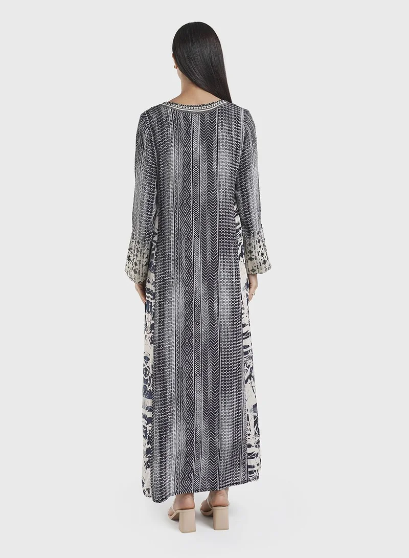 KASHKHA  Black Geometric Print Viscose Jalabiya with Beadwork (VDE383) for Women | Best Price UAE