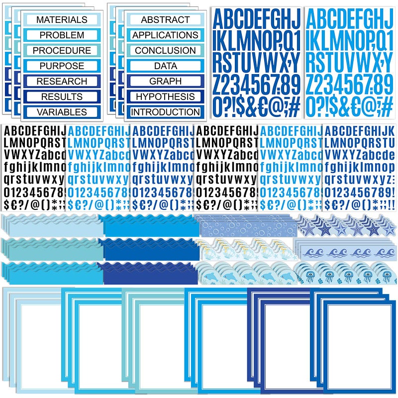 Sinload 92 Pcs Science Fair Board Supplies 60 Trim Scalloped Poster Boards 18 Presentation Subtitles 6 Project Titles 8 Letter Sticker for Classroom Display Boards (Blue,Ocean) - Image 1