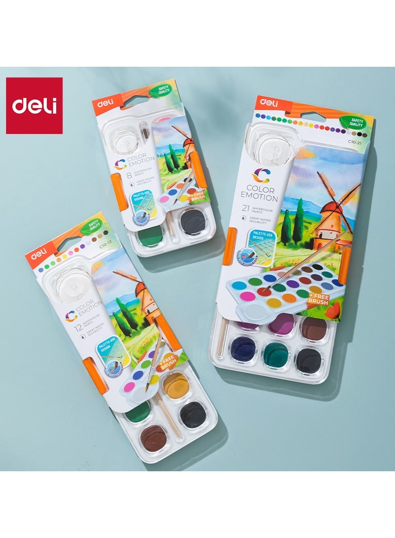 Deli EC10-12 COLOR EMOTION Watercolor Paint Set, 12 Colors, 28mm Paint Cakes, Includes Free Brush - Image 2