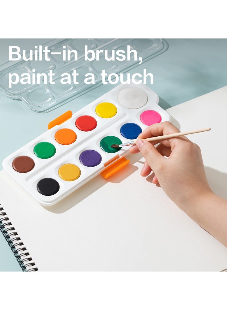 Deli EC10-12 COLOR EMOTION Watercolor Paint Set, 12 Colors, 28mm Paint Cakes, Includes Free Brush - Image 3