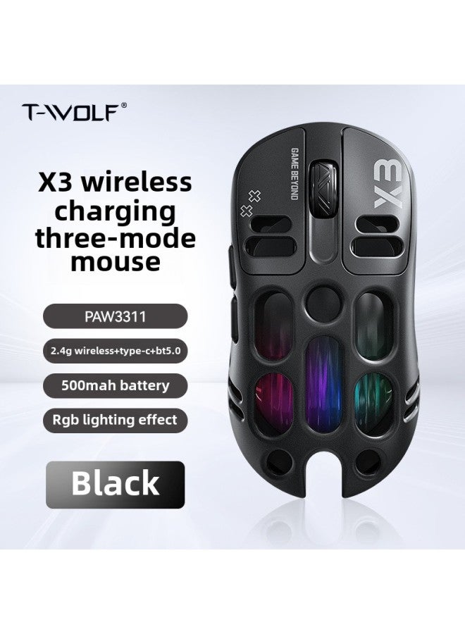 ماوس T-WOLF thunder wolf X3 ثلاثي الأوضاع للألعاب مزود بتقنية البلوتوث وخفيف الوزن ومضيء بتقنية RGB ومنافسة إلكترونية PAW3311-اللون: ماوس X3 ثلاثي الأوضاع مزود بتقنية البلوتوث (أسود)-الواجهة: يو إس - Image 1