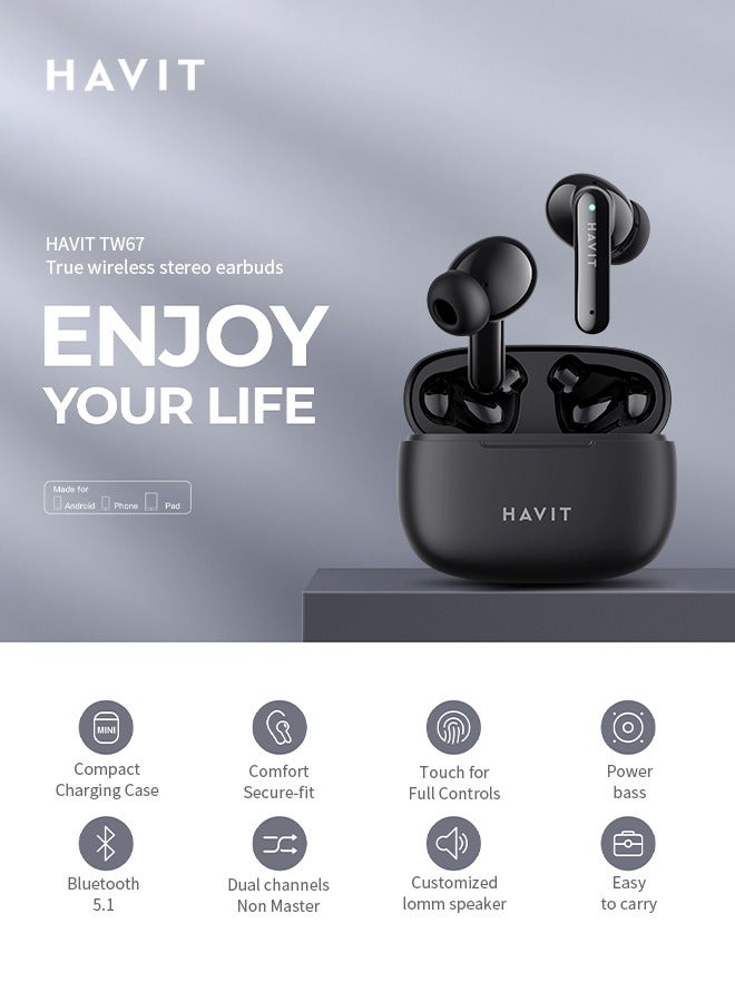 HAVIT True Wireless Earbuds，In-Ear Bluetooth 5.1 Headphones，Bluetooth Earbuds Touch Control ，Light-Weight，10mm Drive，For Calls, Listening To Music, Driving/Black - Image 2
