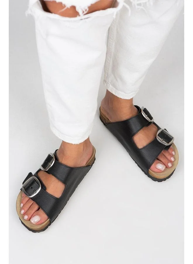 Irene Women's Genuine Leather Double Buckle Black-Silver Slippers - Black